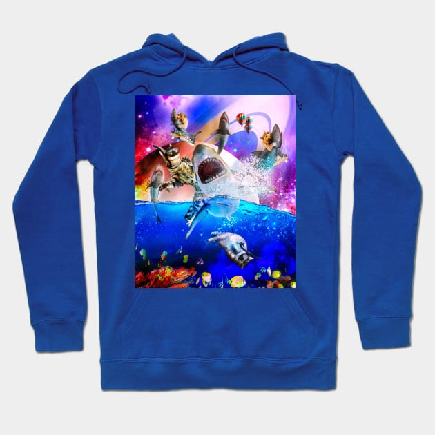 Rainbow Galaxy Cat Riding Shark In Space Hoodie by Random Galaxy